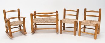 Wood And Rush Miniature Doll Furniture Made In Haiti Rocker, Crib And Chairs Fits 18' Dolls