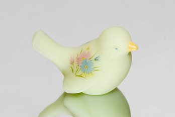 Fenton Yellow Custard Hand Painted And Signed Song Bird With Cosmos Flowers