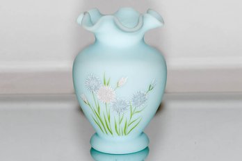 6.5' Fenton Blue Custard Hand Painted And Signed Ruffled Vase