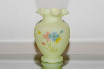 6.5' Fenton Yellow Custard Hand Painted And Signed Ruffled Vase