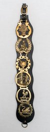 Antique English 6 Brass Horse Badges On Leather Belt