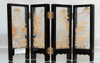 Miniature Chinese 4-panel Hand Crafted Scenic Cranes Folding Screen