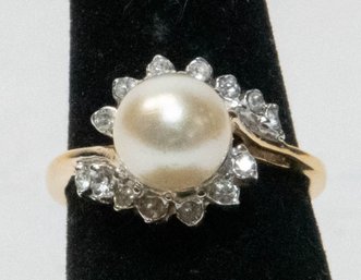 14 Karat Gold Filled Pearl And Cubic Zirconia Ring Size 6 1/2