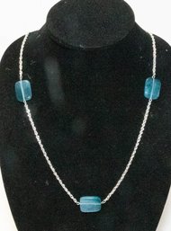 Long Silvertone And Aquamarine Colored Acrylic Bead Necklace