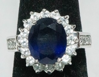 Sapphire Colored Glass And Zirconia Silver Tone Ring Size 8