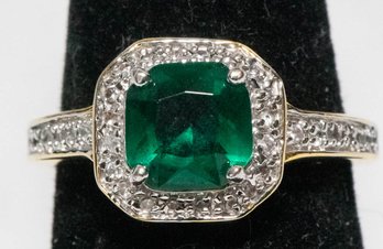 Emerald Green Glass In Zirconia Gold Tone Ring Signed EDCO Size 9