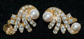 Goldtone Zirconia, Clip On, Earrings, Faux Pearl