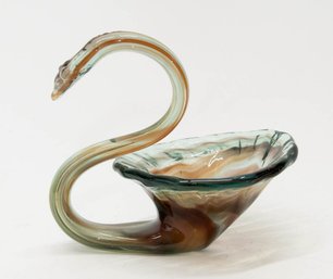 1970s Hand Blown Swan Glass Art Dish