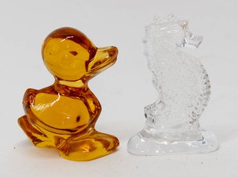 3' Fostoria Glass Amber Duck And Clear Seahorse