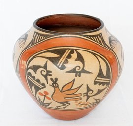 Pueblo Pottery Polychrome Vase Depicting A Peacock And Chicken