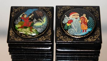 Russian Palekh Hand Painted Black Lacquered Miniature Boxes