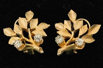 Vintage Goldette Gold Tone, Zirconia Branch With Leaves Earrings