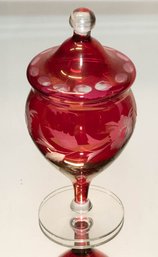 Floral Etched Cranberry Cut To Clear Lidded Candy Jar