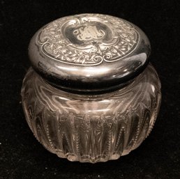 Monogrammed Heavy Cut Glass Ribbed Silver Plate Lidded Vanity Jar