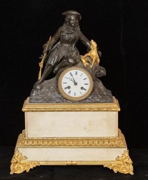 19th French Bronze And Marble Hunting Sculpture Mantle Clock