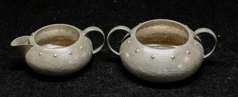 Arts And Crafts English Hammered Pewter Creamer And Sugar