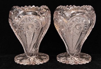 Heavy Rounded Sawtooth Cut Crystal Pedestal Vases