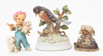 Porcelain Robin Figurine Music Box, Boyds Bears Figurine And Boy Holding His Puppy Figurine