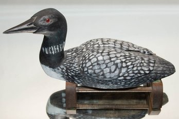 Vintage Folk Art Hand Carved And Painted Wooden Loon With Stand