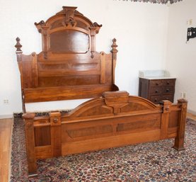 Antique Victorian Eastlake Walnut And Burl Wood Laminate King Size Bed