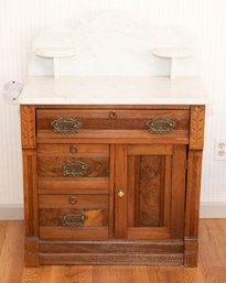 Antique Eastlake Style Burl Wood And Mahogany Marble Top Washstand