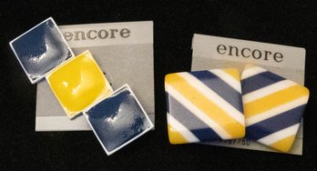 Vintage Encore Blue, Yellow, And White Striped Clip On Earrings And Brooch