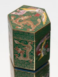 Chinese Cloisonne Hexagon Green Enameled Dragon Trinket Box  *appraised