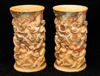 Chalkware Urns Depicting A Bacchanalia Festival In The Greco Roman Style