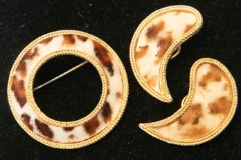 Vintage BSK Brooch And Clip On Earrings Furry Cheetah Print