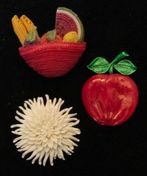 Three Brooches Including Bowl Of Fruit, Apple And Flower