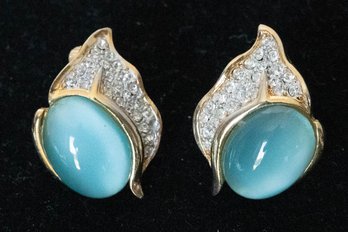 Clip On Goldtone Aquamarine Color, Rhinestone Earrings