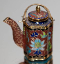 Chinese Cloisonne Miniature Brass And Enamel Brown Teapot