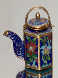 Chinese Cloisonne Miniature Brass And Enamel Blue Teapot