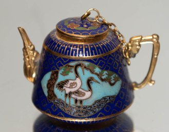 Chinese Cloisonne Miniature Blue Enamel Crane Teapot