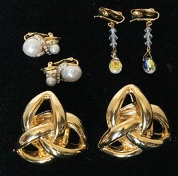 Three Pairs Vintage Gold Tone Clip On Earrings