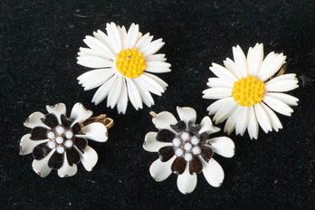 Two Pair Clip On Enamel And Plastic Flowers Earrings