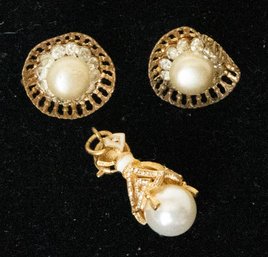 Goldtone Faux Pearl Screwback, Earrings, And Pendant