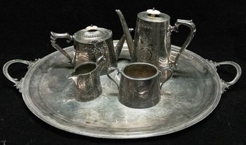 Large Victorian Silver-plate Tray With Coffee Pot, Tea Pot And  Cream And Sugar