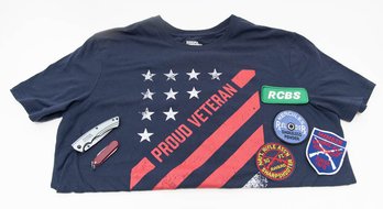 Proud American T-shirt And NRA Patches And Knife