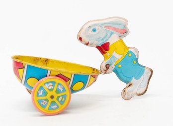 1940s J. Chein Easter Bunny Tin Litho Rabbit Pushing An Egg Cart