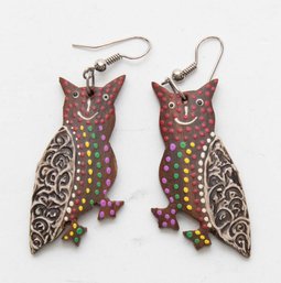 Hand Painted Wood Owl Dangle Earrings