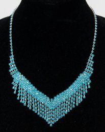 Blue  Topaz Colored Glass Rigid Chest Plate Silver Tone Necklace