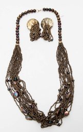 Brown Multistrand Glass And Seed Bead Necklace And Earrings