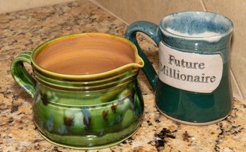 Tumbleweed Pottery ' Future Millionaire Coffee Mug And Green Stoneware Creamer Pitcher