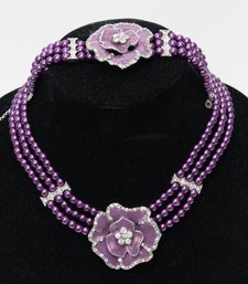 Austrian Crystal Purple Glass Pearl Necklace And Bracelet New