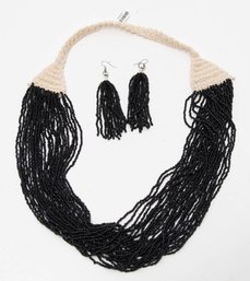 Ivory Crocheted And Black Seed Bead Necklace And Earrings New