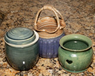 Stoneware Tealight, Basket And Lidded Jar