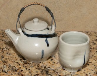 Signed White And Blue Stoneware Japanese Teapot Set