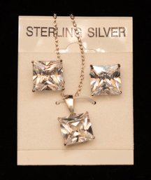 Sterling And Princess Cut Crystal Earrings And Necklace New