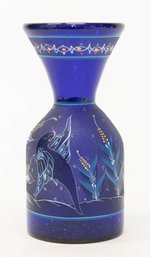 Cobalt Blue Hand Painted Hand Blown Art Glass Vase Depicting Birds And Flowers